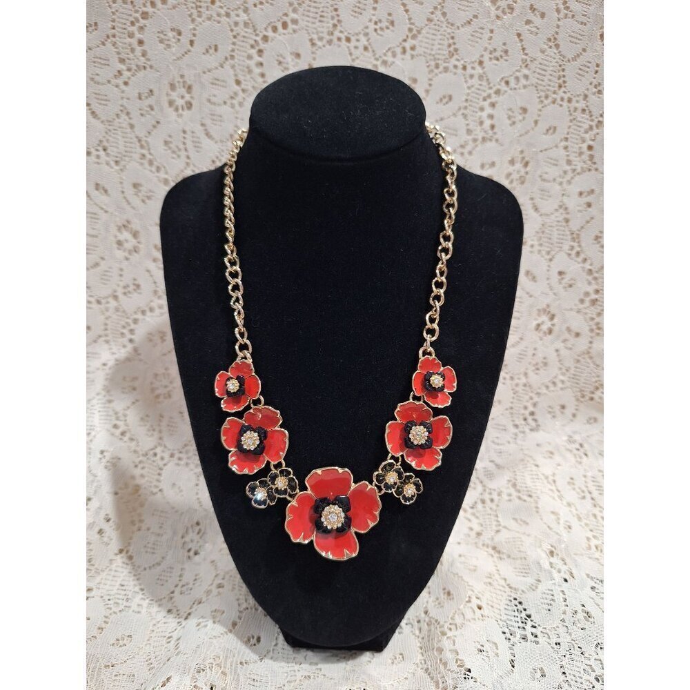 EUC Dana Buchman Gold-tone Red & Black Enamel Floral Rinestone Statement Necklac
